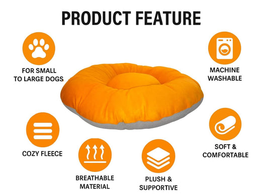 Round donut-style pet bed, orange top cushion, grey base