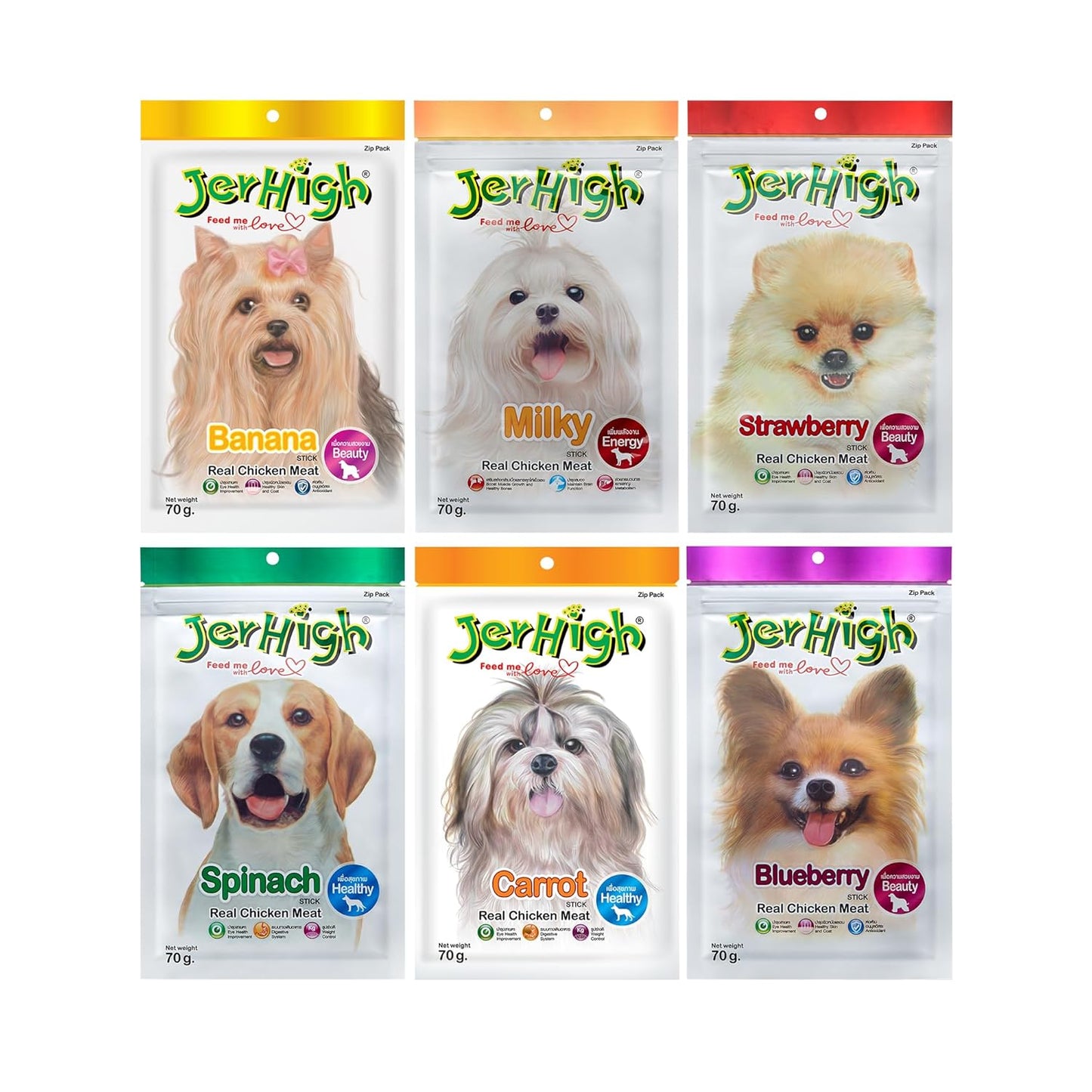 JerHigh Real Chicken Food Treat Spinach, Blueberry, Carrot, Strawberry, Milk, Banana Flavor 6 Pack Combo Set 70G for Dogs by Dogsncats, All Life Stages