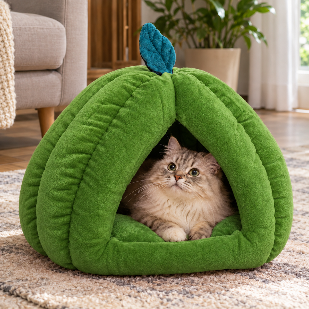 Furppies Pumpkin Cave Cat Bed – Soft Plush Hideaway