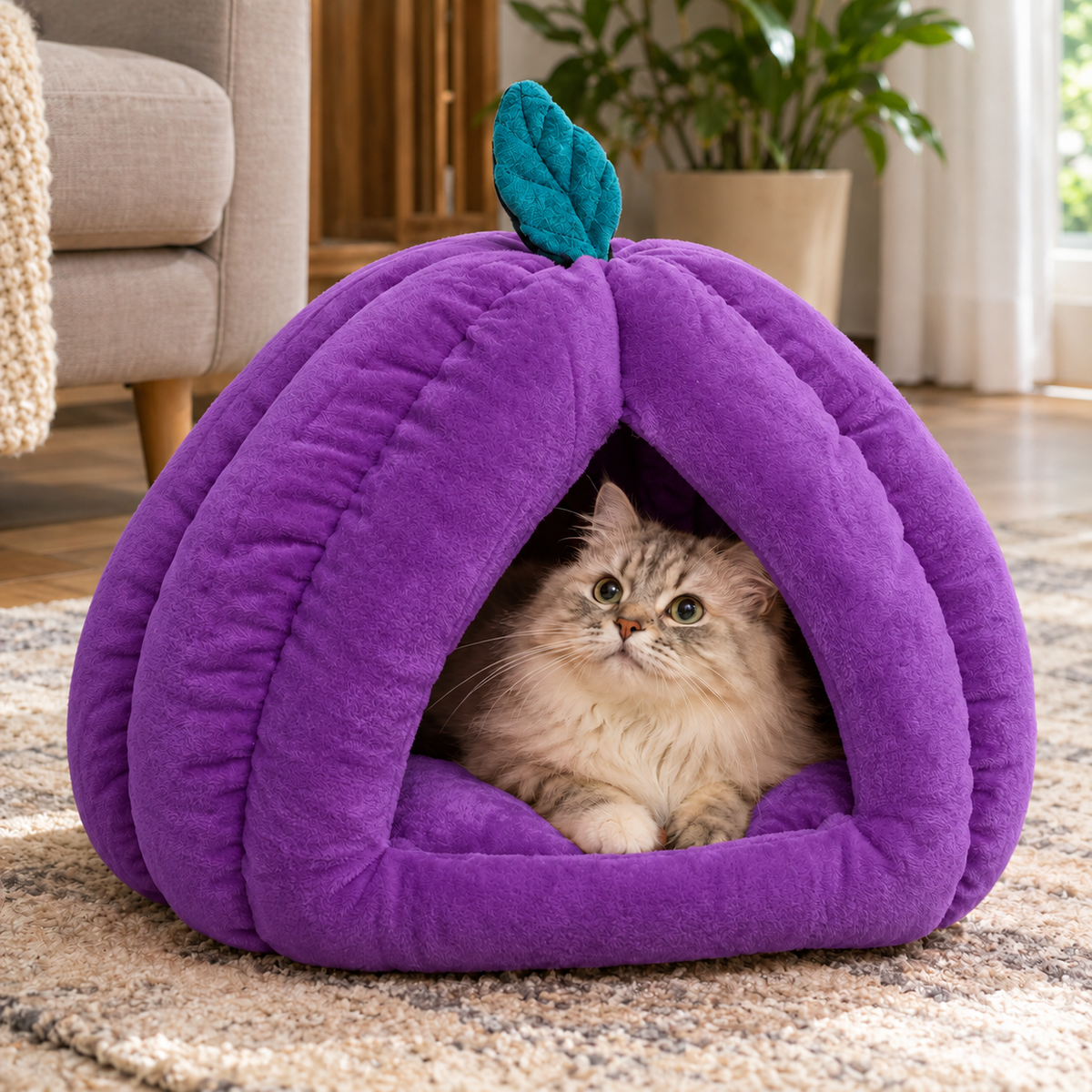 Furppies Pumpkin Cave Cat Bed – Soft Plush Hideaway