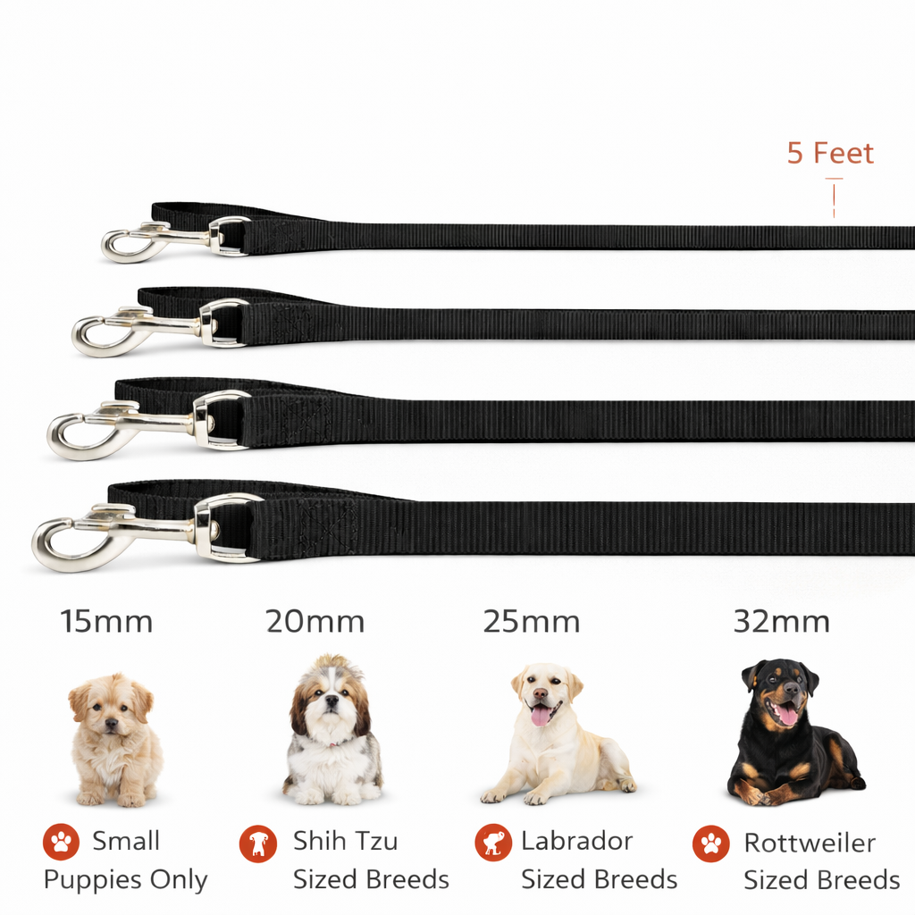 Premium Nylon Dog Leash – 5 Feet Length | 15mm, 20mm, 25mm & 32mm Width Options | Heavy-Duty Metal Hook | Ideal for Small Puppies to Rottweiler Breeds