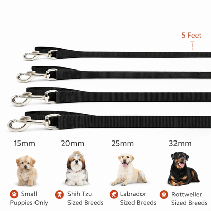 Premium Nylon Dog Leash – 5 Feet Length | 15mm, 20mm, 25mm & 32mm Width Options | Heavy-Duty Metal Hook | Ideal for Small Puppies to Rottweiler Breeds