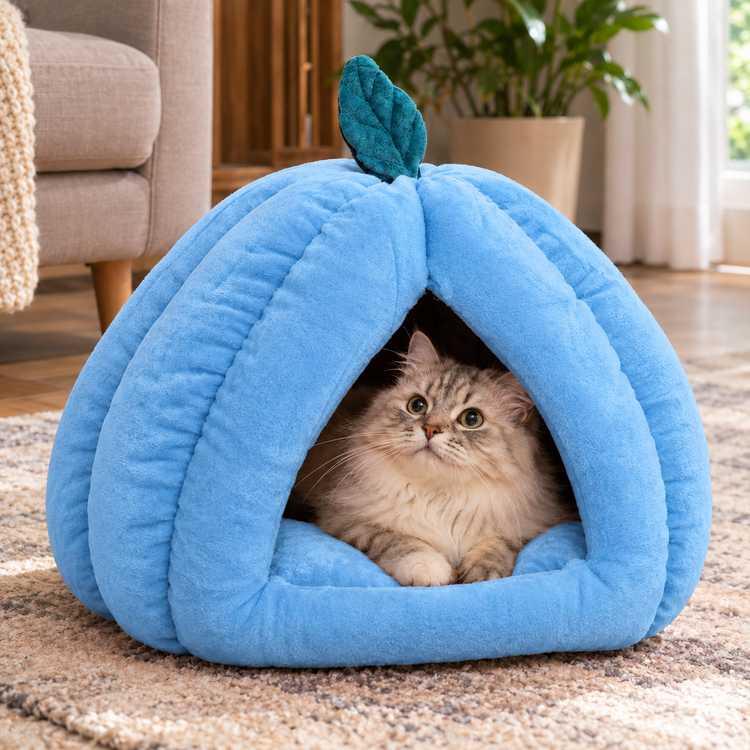 Furppies Pumpkin Cave Cat Bed – Soft Plush Hideaway