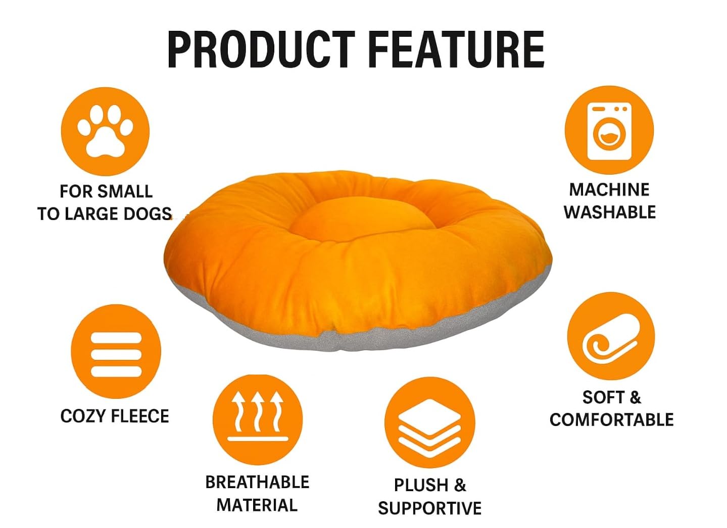 Round donut-style pet bed, orange top cushion, grey base