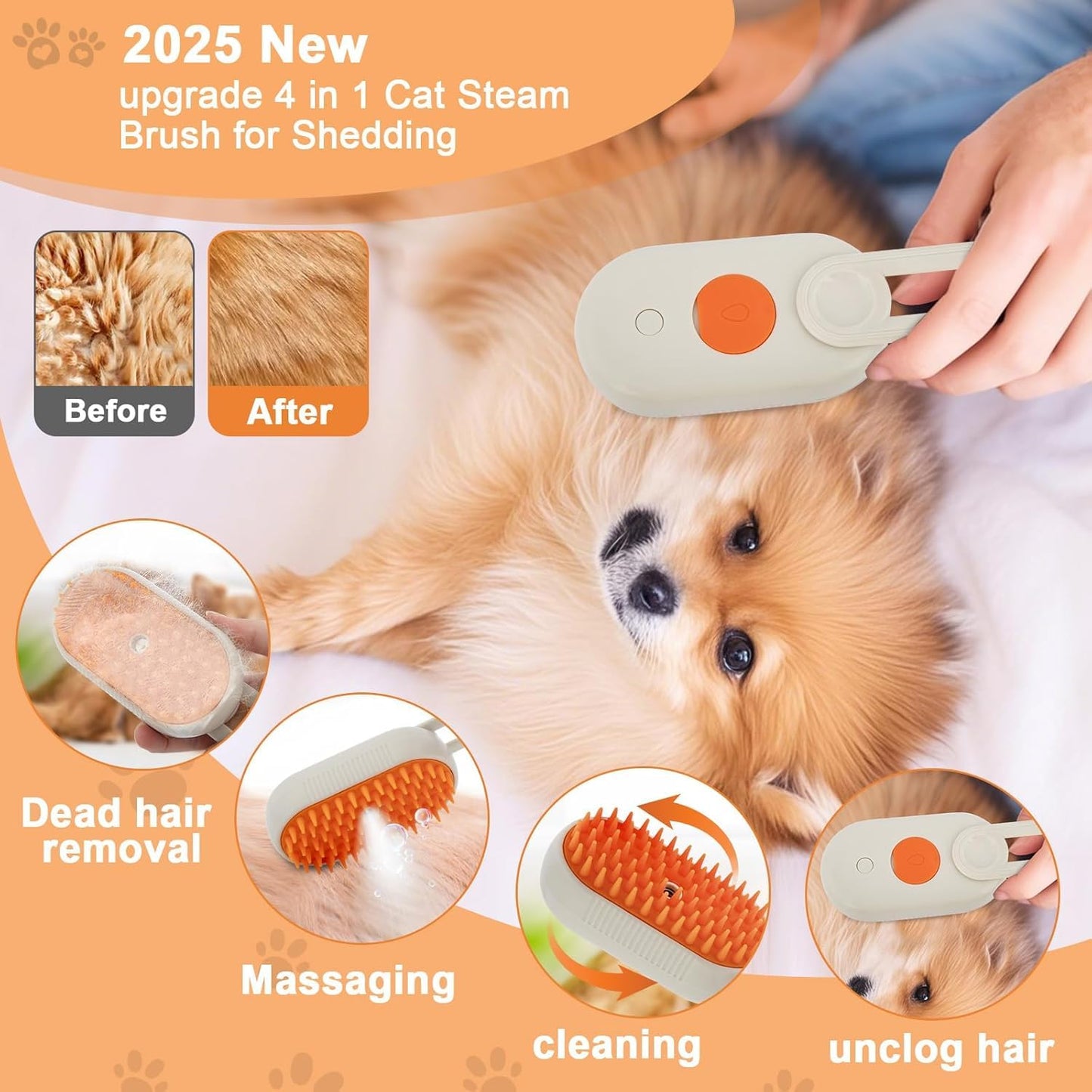 Steam Pet Grooming Brush with foldable handle – Deep Clean & Gentle Care