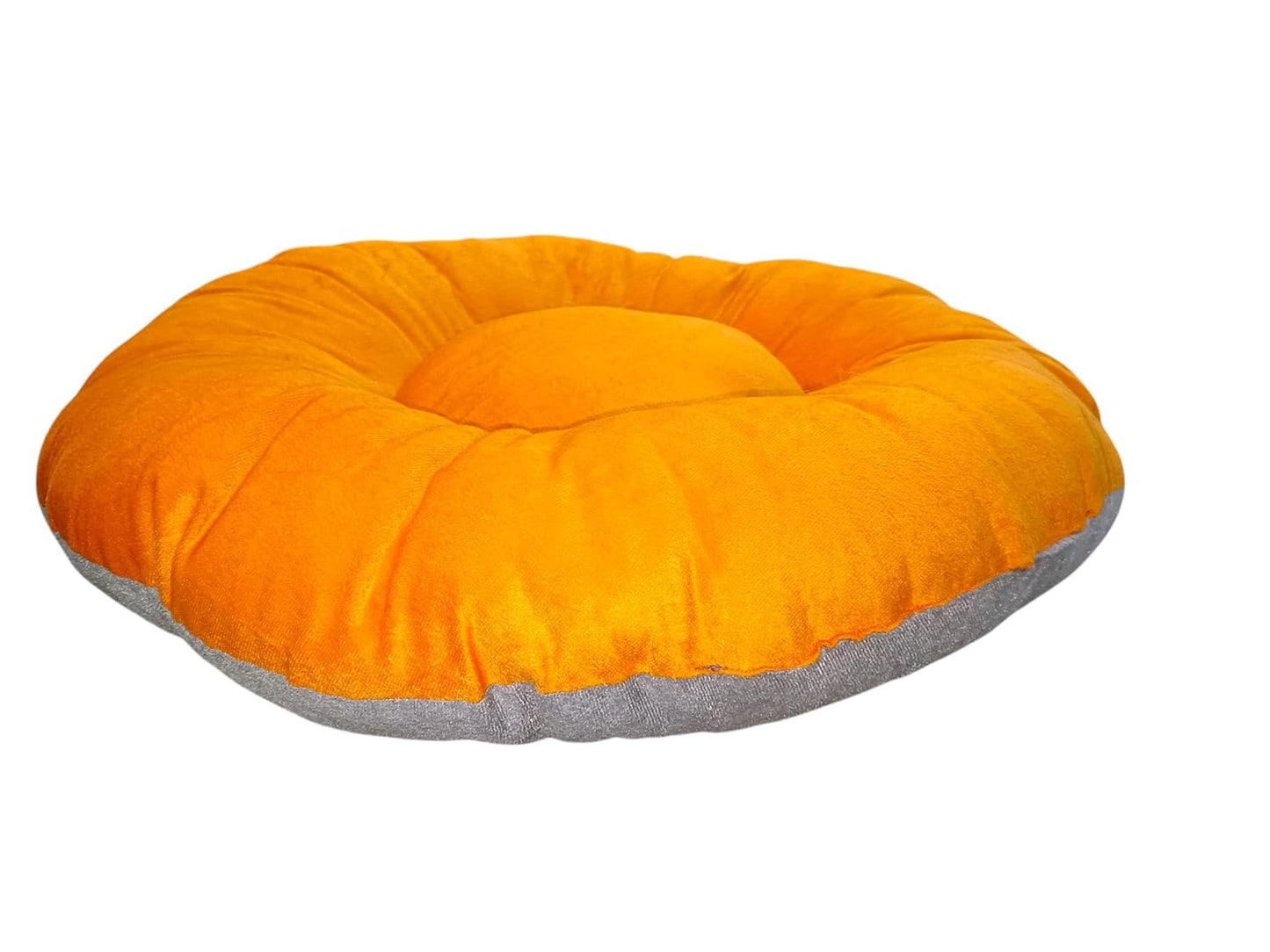 Round donut-style pet bed, orange top cushion, grey base