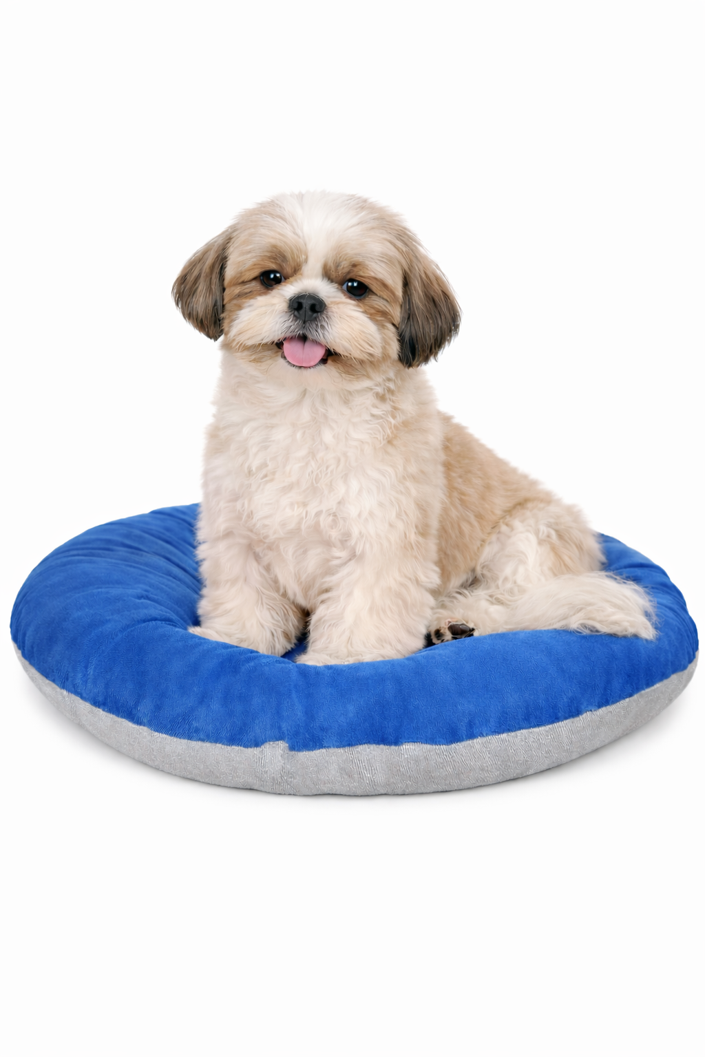 Round donut-style pet bed, orange top cushion, grey base