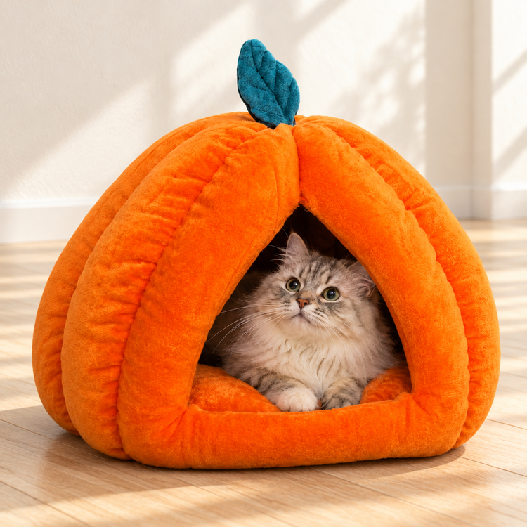 Furppies Pumpkin Cave Cat Bed – Soft Plush Hideaway