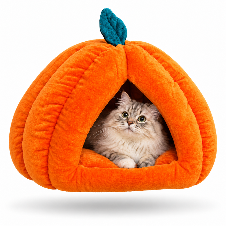 Furppies Pumpkin Cave Cat Bed – Soft Plush Hideaway