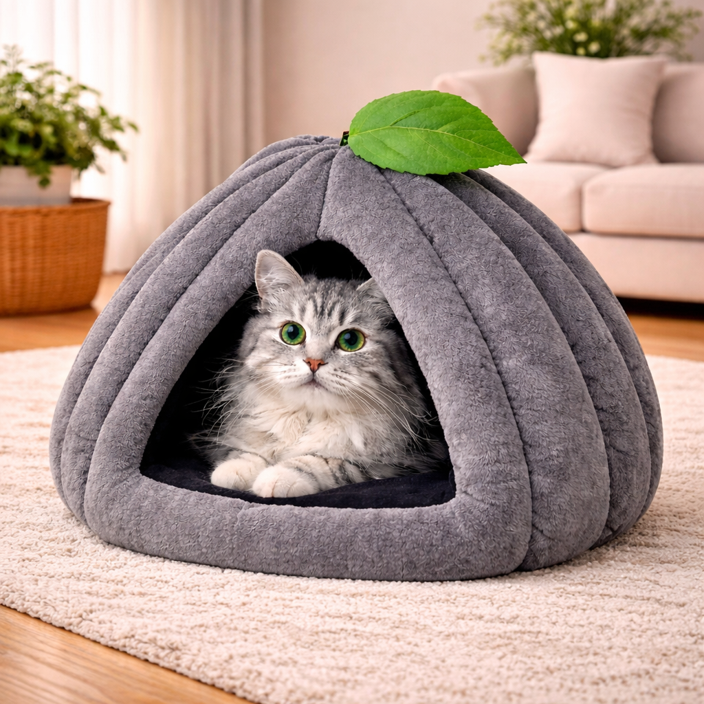 Pumpkin Shaped Cat Bed with Enclosed Cave Design – Soft Plush Indoor Cat Hut with Cushion (Grey)