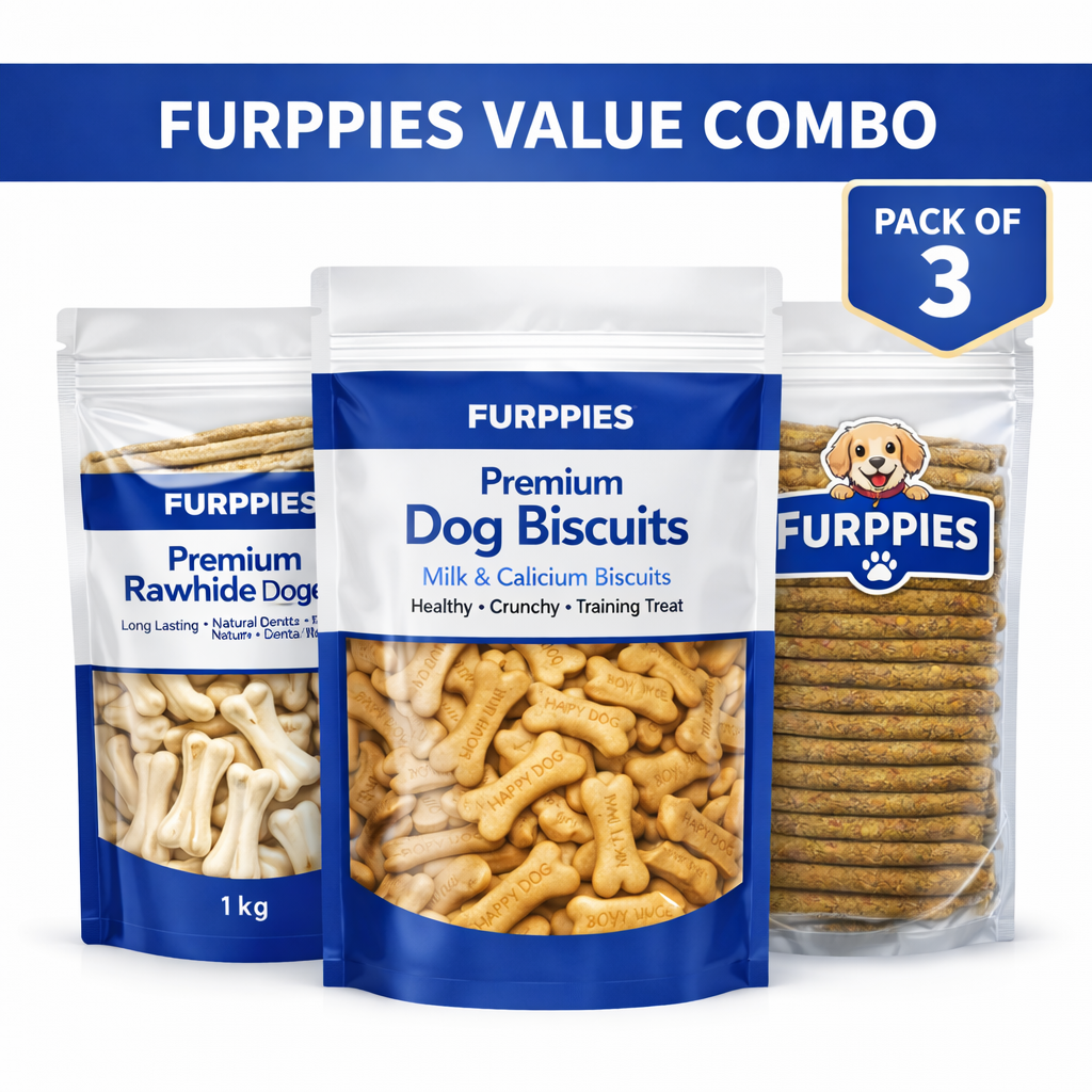 FURPPIES Value Combo Pack of 3 (1kg Each) – Rawhide Dog Treats, Milk & Calcium Dog Biscuits & Chicken Chew Sticks