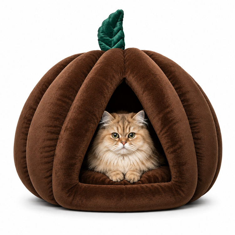 Furppies Pumpkin Cave Cat Bed – Soft Plush Hideaway