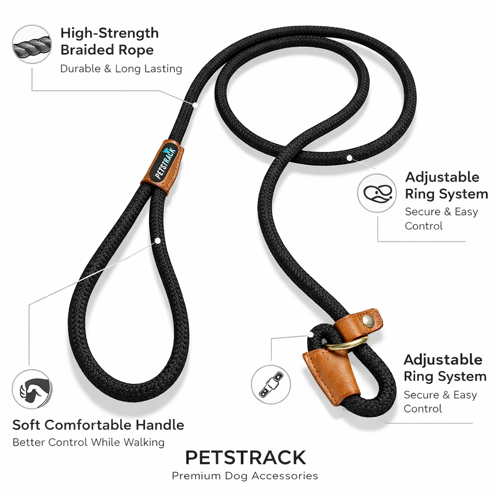 Petstrack Premium Rope Dog Training Leash | Strong Braided Slip Lead with Leather Accents | Adjustable Training Lead for Small, Medium & Large Dogs