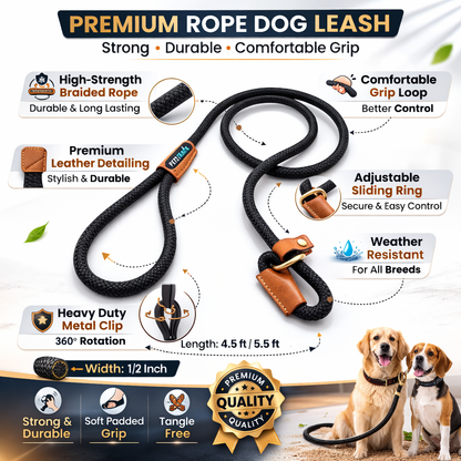 Petstrack Premium Rope Dog Training Leash | Strong Braided Slip Lead with Leather Accents | Adjustable Training Lead for Small, Medium & Large Dogs