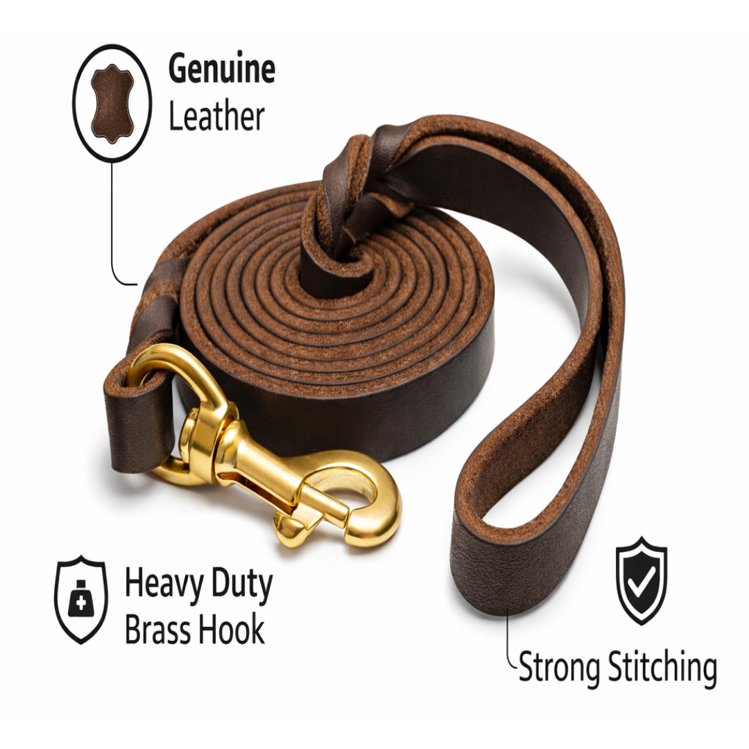 Petstrack Premium Genuine Leather Dog Leash 5ft | Heavy-Duty Training & Walking Lead with Solid Brass Hook | Durable Leather Lead for Small, Medium & Large Dogs