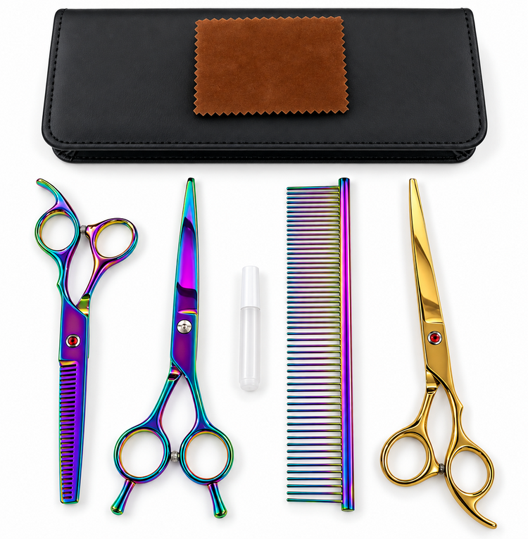 Furppies 3-piece professional pet grooming scissor set with comb, rainbow shears and storage case