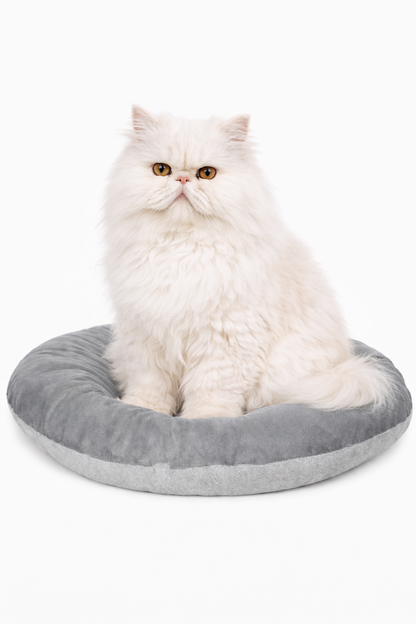 Round donut-style pet bed, orange top cushion, grey base