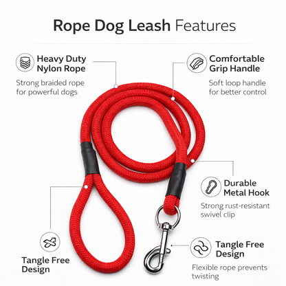 Heavy Duty Rope Dog Leash with Comfortable Loop Handle & Metal Hook – Strong Braided Nylon Training Lead for Small, Medium & Large Dogs – Tangle Free Pet Walking Leash