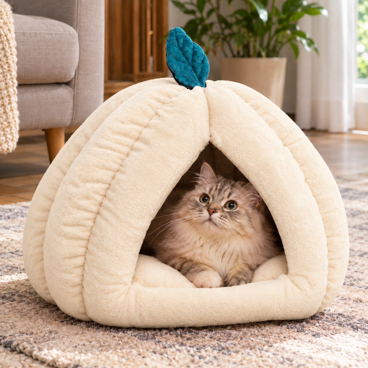Furppies Pumpkin Cave Cat Bed – Soft Plush Hideaway