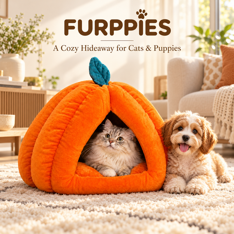 Furppies Pumpkin Cave Cat Bed – Soft Plush Hideaway