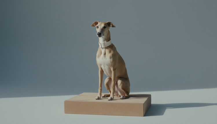 A slim dog sitting calmly wearing a collar
