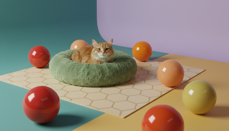 A ginger cat curled up in a soft green donut bed