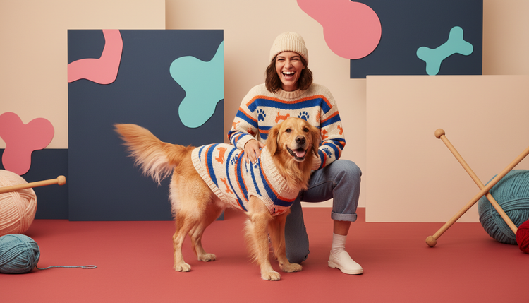 A happy golden retriever and its owner in matching knitted jumpers