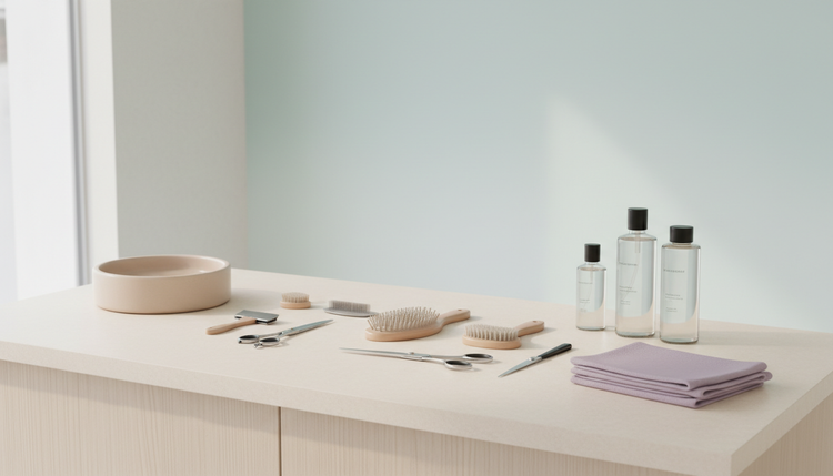 Grooming brushes, scissors and towels laid out on a counter