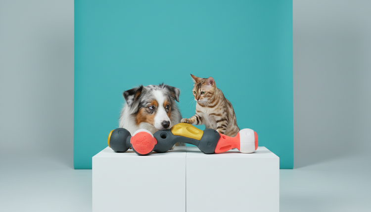 A dog and a cat playing with a colourful toy