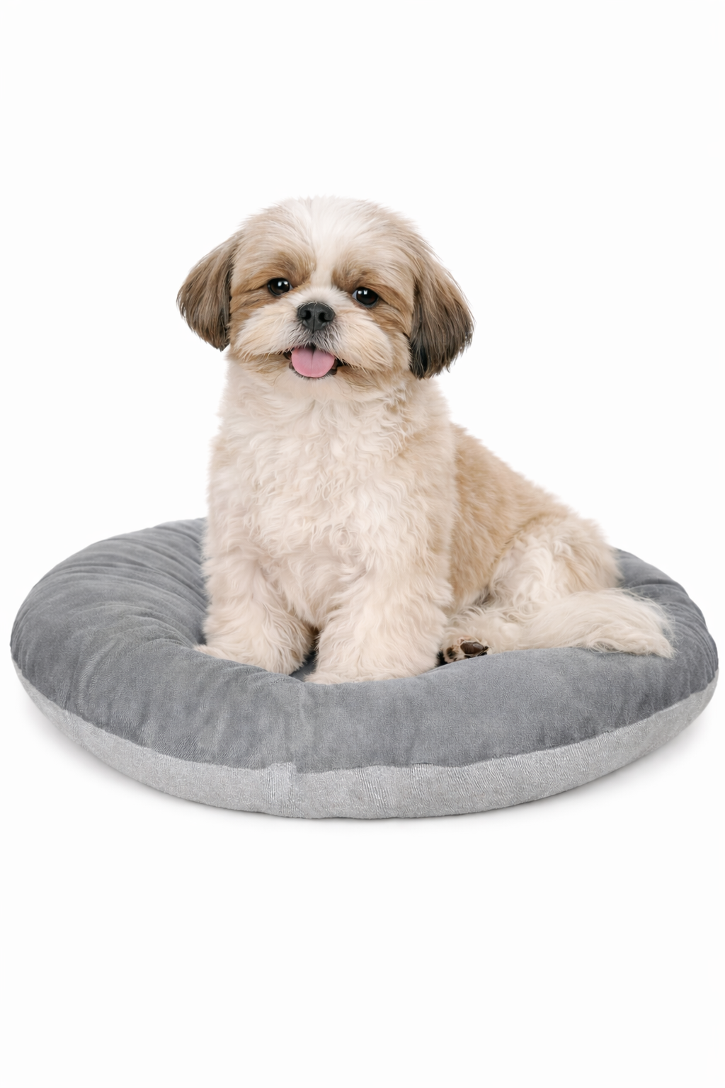 Round donut-style pet bed, orange top cushion, grey base