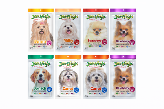 JerHigh Real Chicken Food Treat Spinach, Blueberry, Carrot, Strawberry, Milk, Banana Flavor 8 Pack Combo Set 70G for Dogs by Dogsncats, All Life Stages