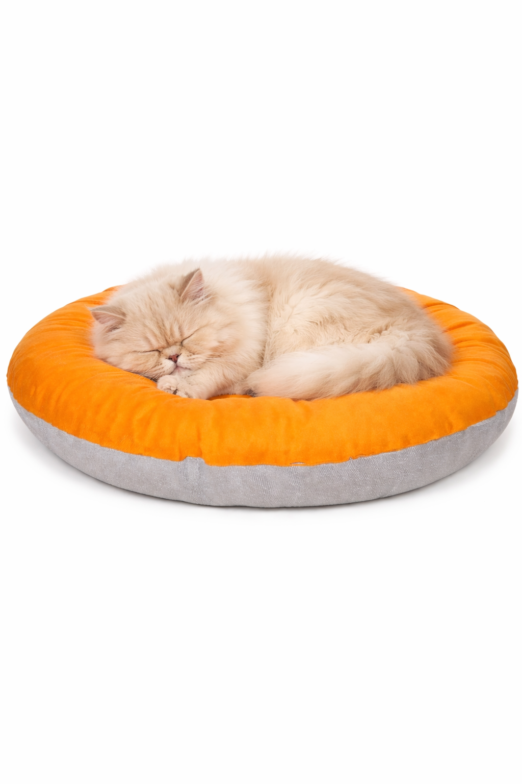 Round donut-style pet bed, orange top cushion, grey base