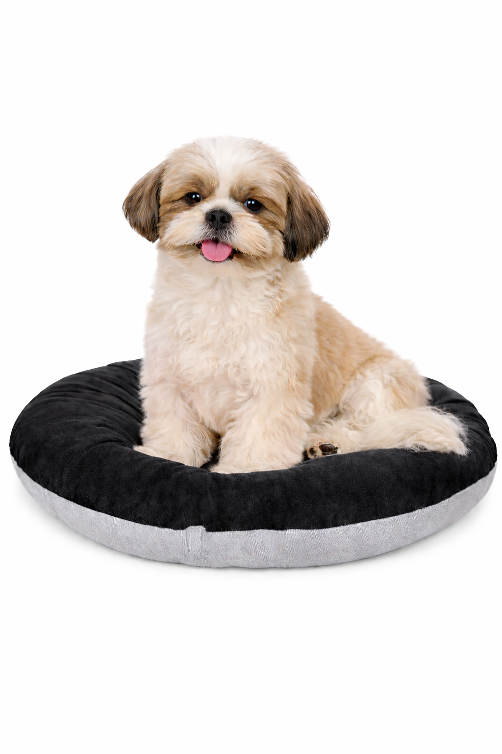 Round donut-style pet bed, orange top cushion, grey base