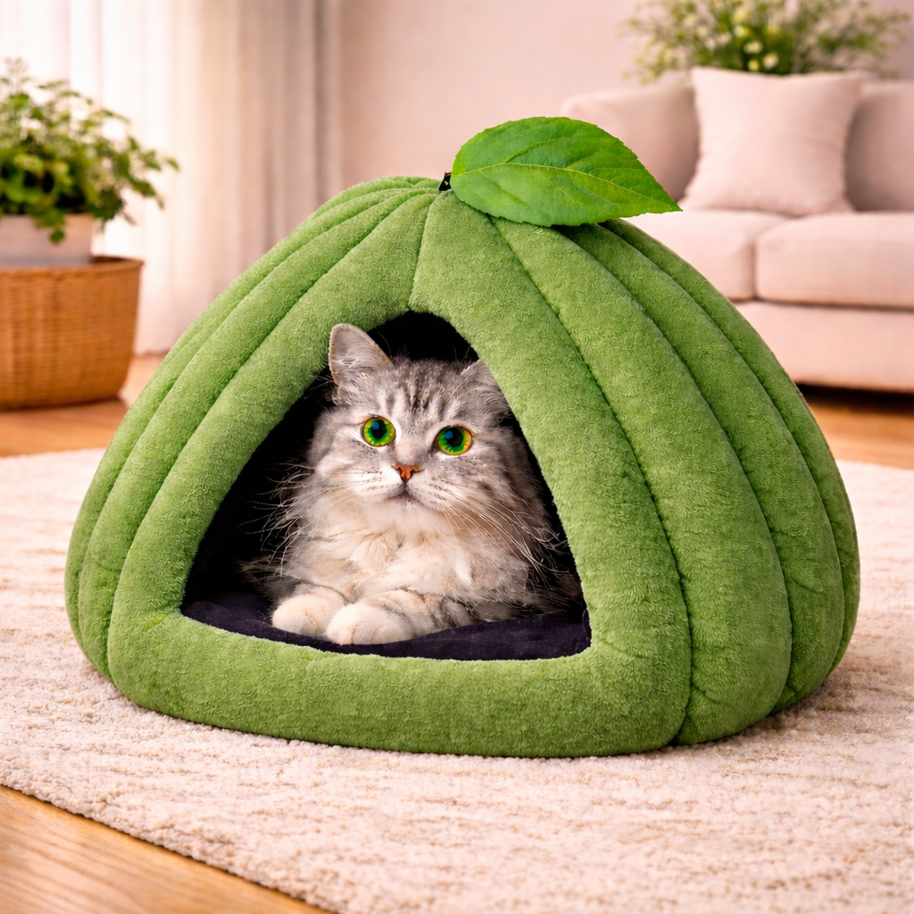 Pumpkin Shaped Cat Bed with Enclosed Cave Design – Soft Plush Indoor Cat Hut with Cushion (Grey)
