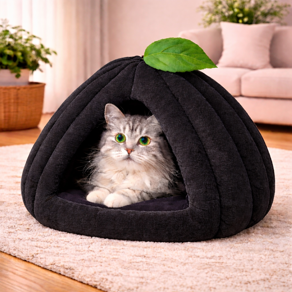 Pumpkin Shaped Cat Bed with Enclosed Cave Design – Soft Plush Indoor Cat Hut with Cushion (Grey)