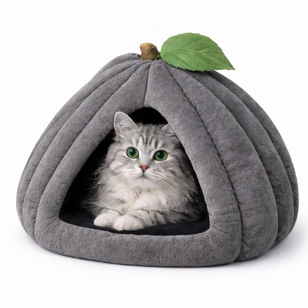 Pumpkin Shaped Cat Bed with Enclosed Cave Design – Soft Plush Indoor Cat Hut with Cushion (Grey)