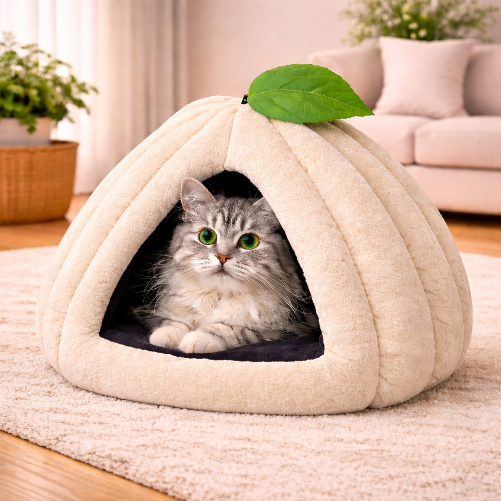 Pumpkin Shaped Cat Bed with Enclosed Cave Design – Soft Plush Indoor Cat Hut with Cushion (Grey)