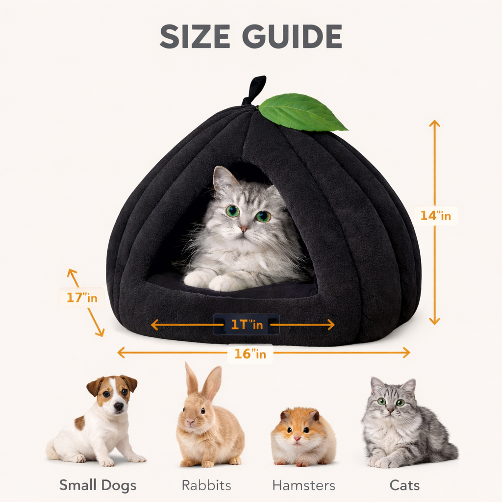 Pumpkin Shaped Cat Bed with Enclosed Cave Design – Soft Plush Indoor Cat Hut with Cushion (Grey)