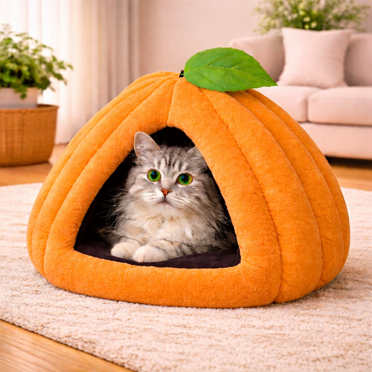 Pumpkin Shaped Cat Bed with Enclosed Cave Design – Soft Plush Indoor Cat Hut with Cushion (Grey)