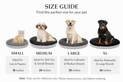 Round donut-style pet bed, orange top cushion, grey base