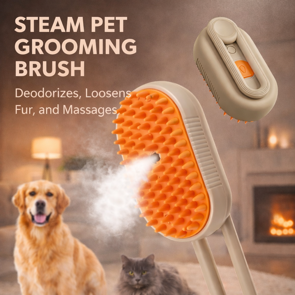 Steam Pet Grooming Brush with foldable handle – Deep Clean & Gentle Care